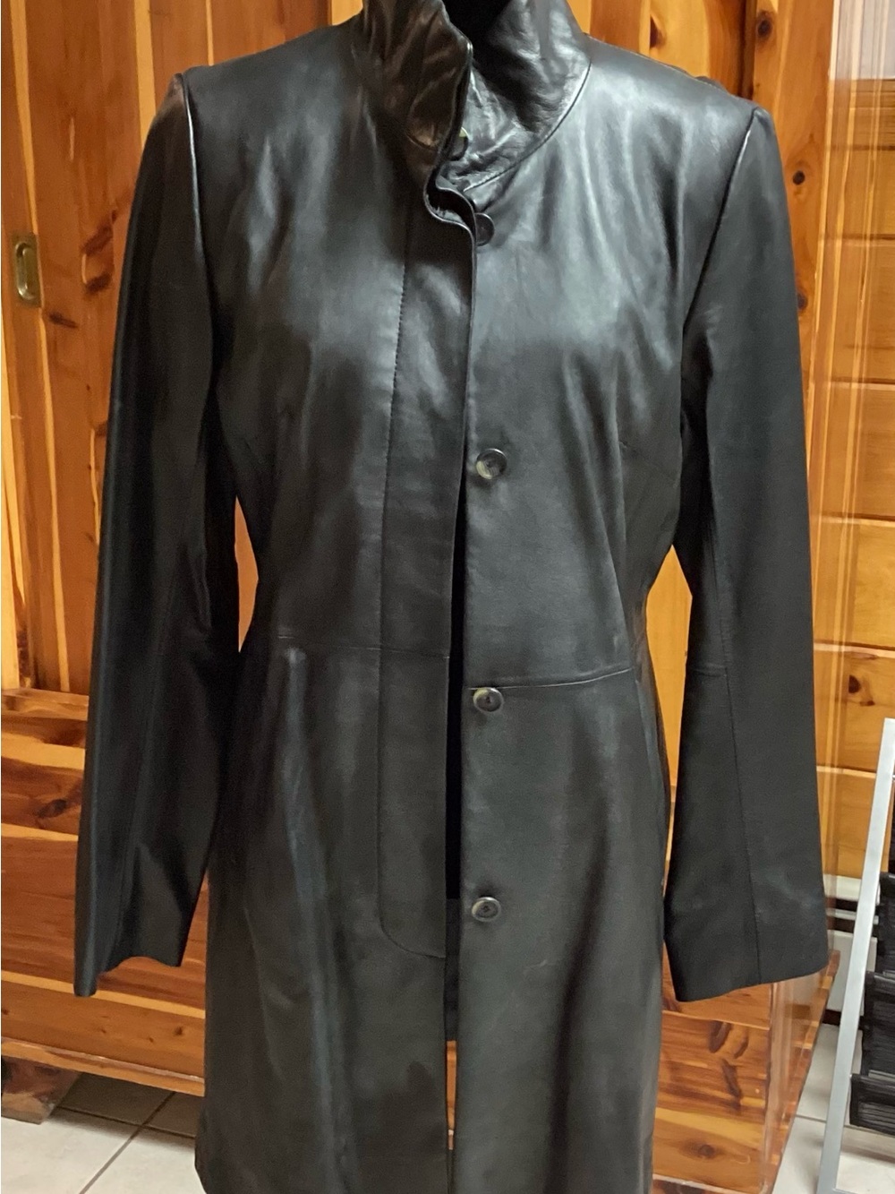 Cole Haan Black Leather Longline Coat
